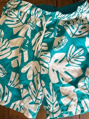 Target Teal and White Tropical Leaf Kids Swim Trunks